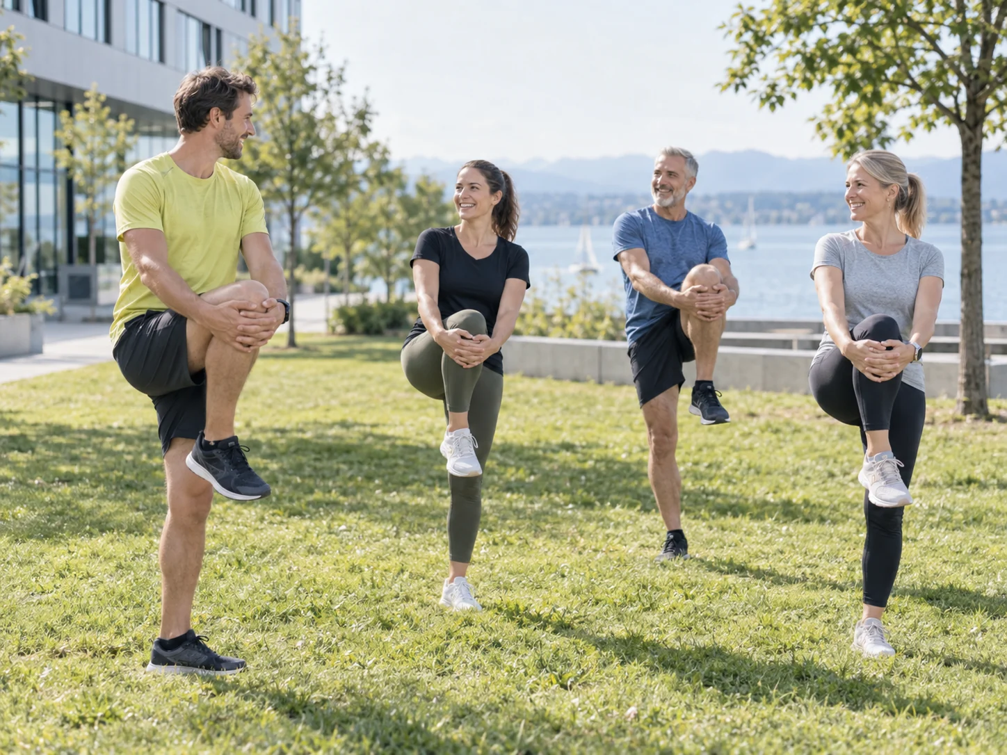 Laufcoach begleitet Mitarbeitende bei einfachen Aufwärmübungen